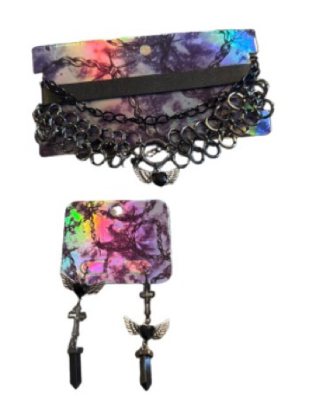 Hot Topic Winged Heart Rhinestone Cross Tattoo Choker  & earring  set